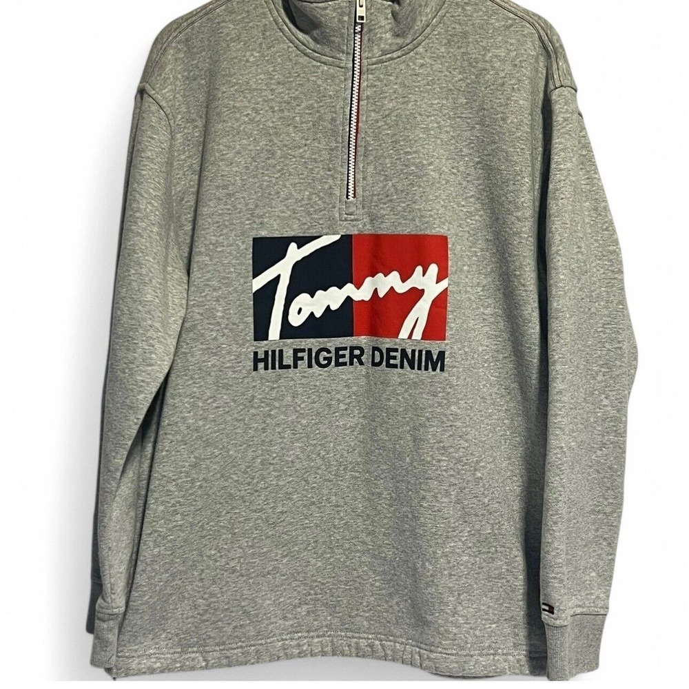 Tommy Hilfiger Denim Pullover Sweatshirt Quarter Zip Gray‎ Logo Size Medium